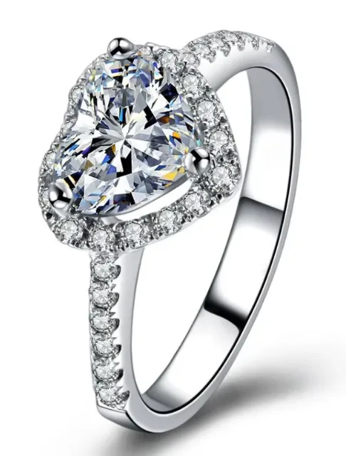 Bague cœur en métal argenté ornée de pierres scintillantes, style romantique et halo brill