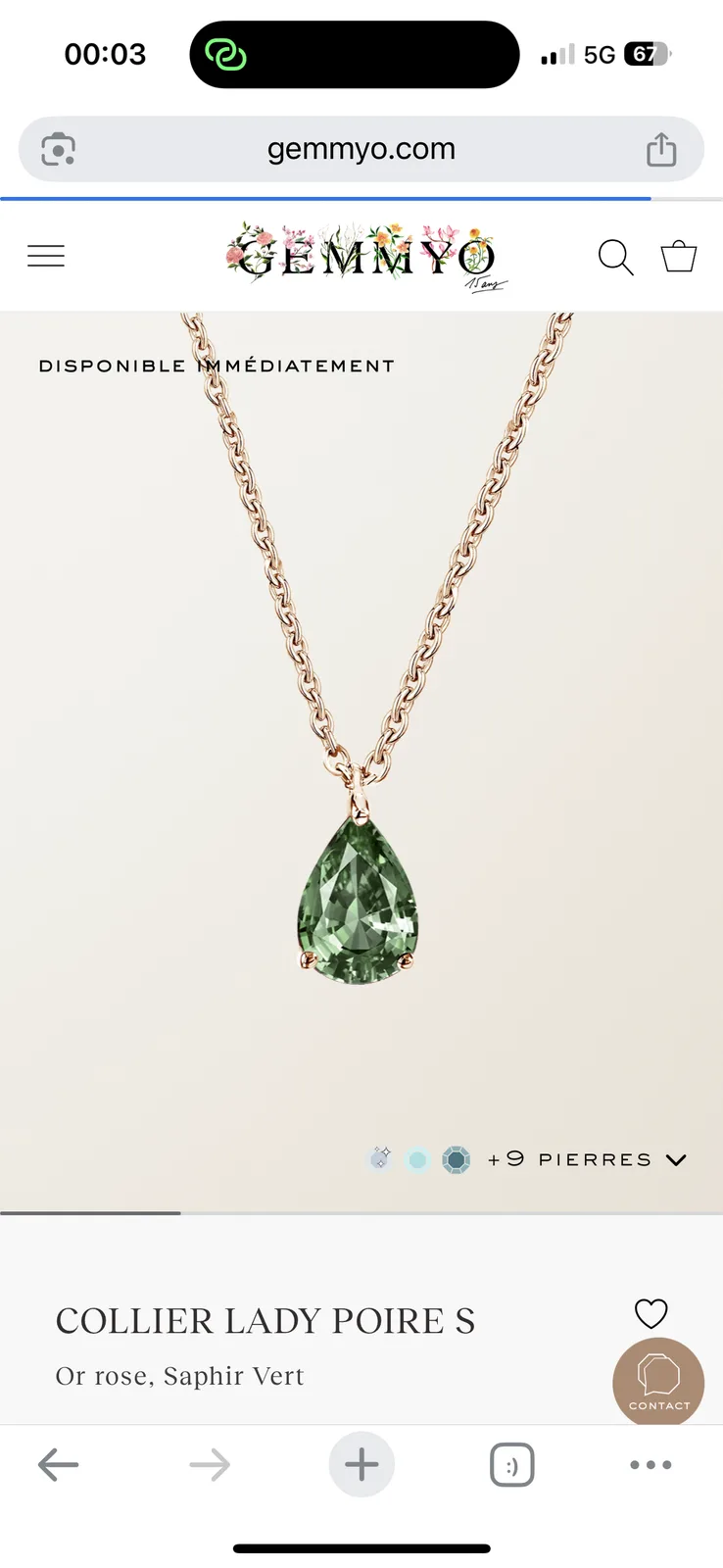Collier pendentif goutte pierre verte facettée chaîne dorée rose